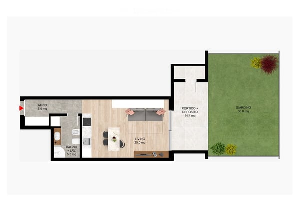 Grande monolocale da 43 m², 14 m² di portico e 36 m² di giardino al 1° piano