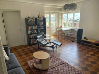 Bright, modern living room with a grey sofa, a black bookshelf, a wooden coffee table, a lounge chair, and a dining area with a table and chairs.