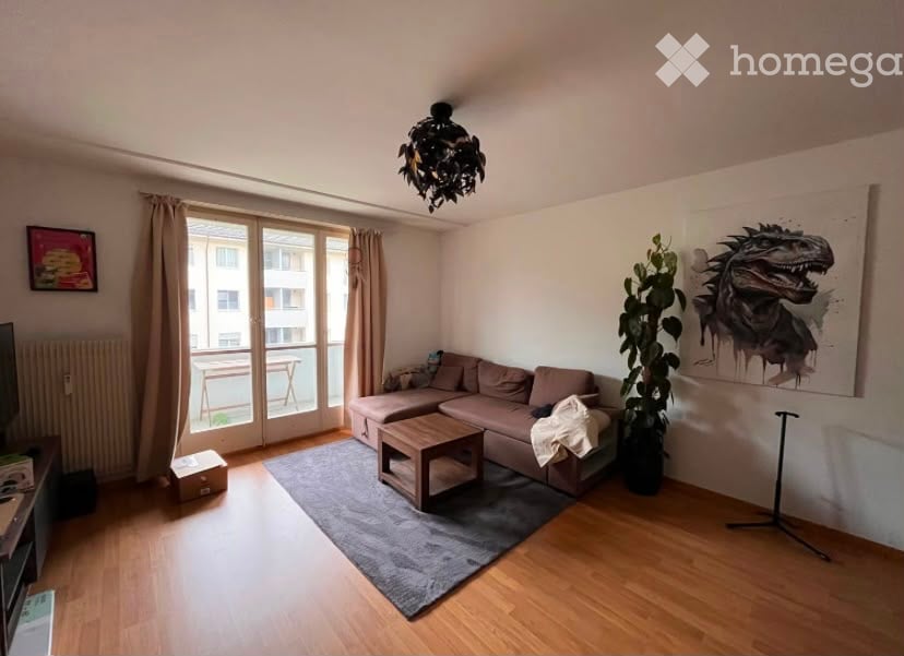 Modern living room with a grey sofa, wooden coffee table, floor lamp, large plant, and artwork on the wall. The room features large windows with curtains and a view of a building outside.