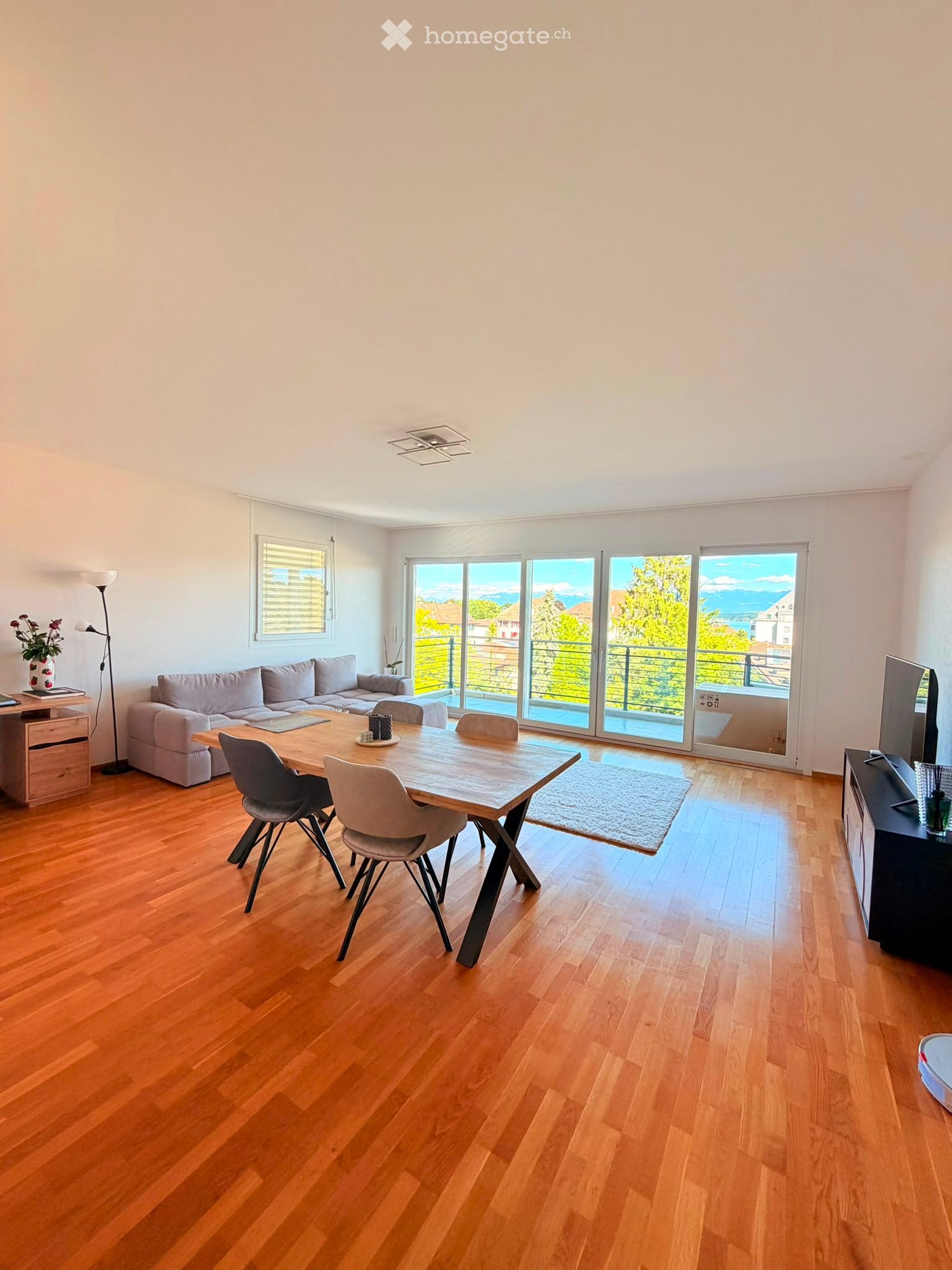 Bright living and dining area with wooden flooring, large windows, and a balcony. Features a sofa, dining table with chairs, floor lamp, and television.
