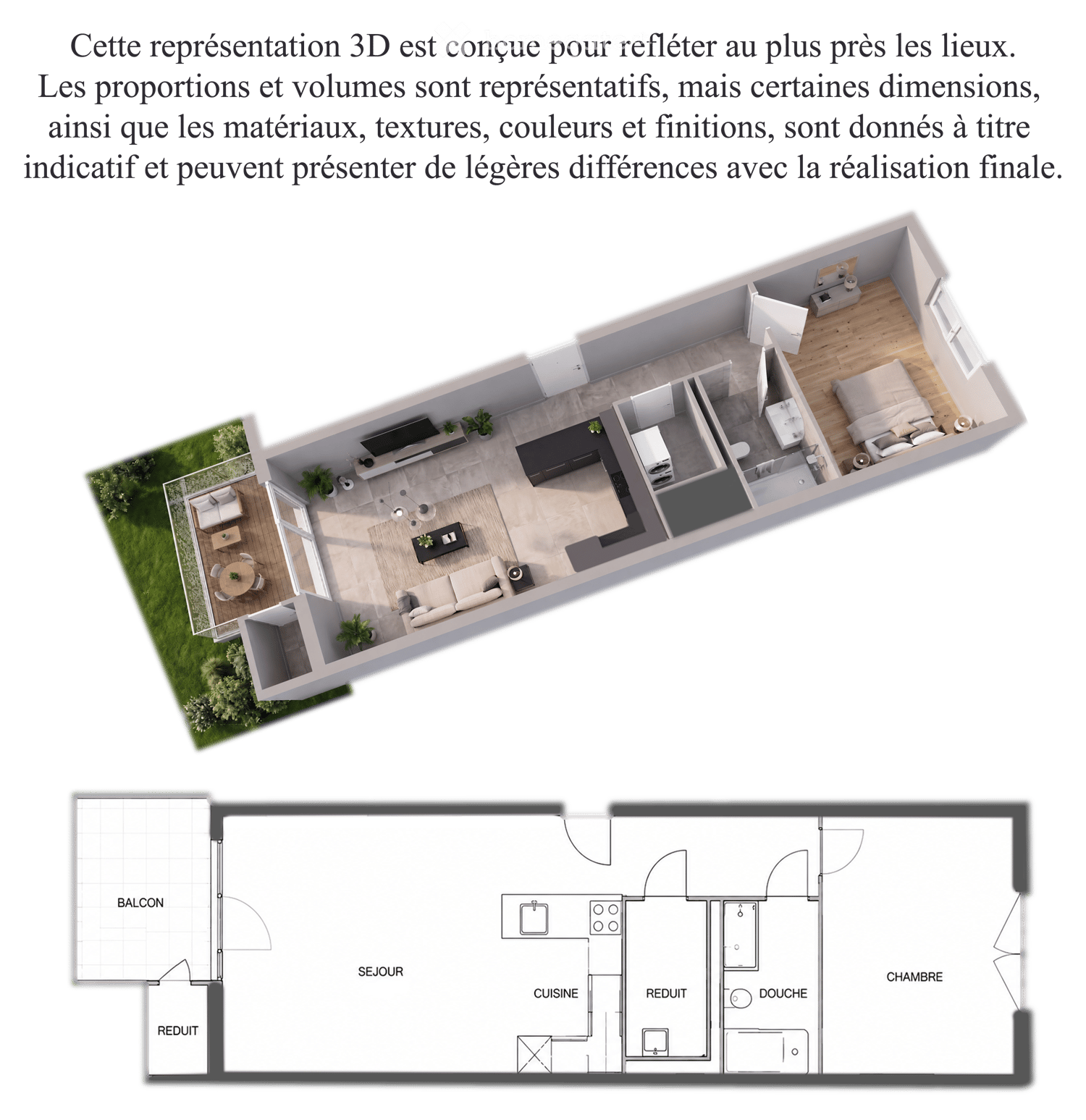 3D floor plan and2D layout of a modern apartment featuring a living room, kitchen, bedroom, bathroom, and balcony.