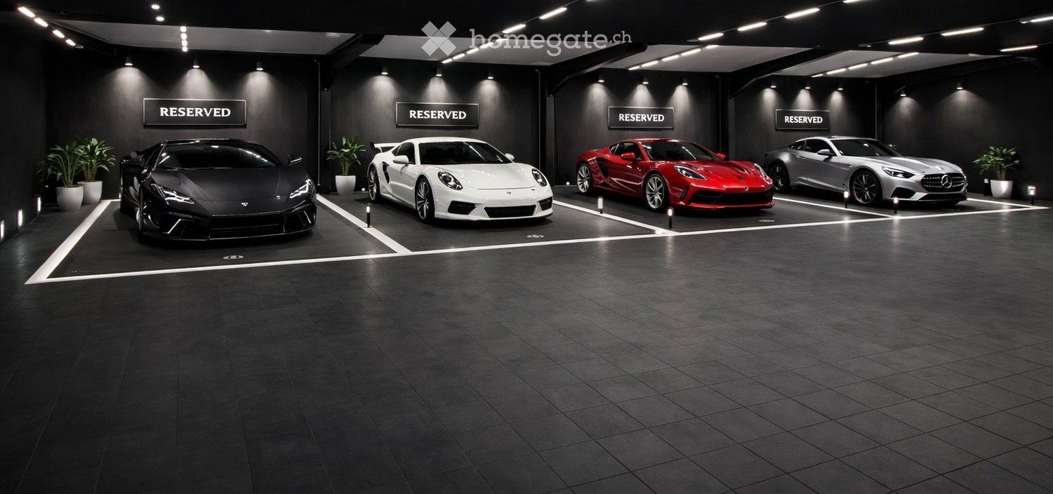 4 cars parked in a garage, black walls, white floor, plants, reserved signs