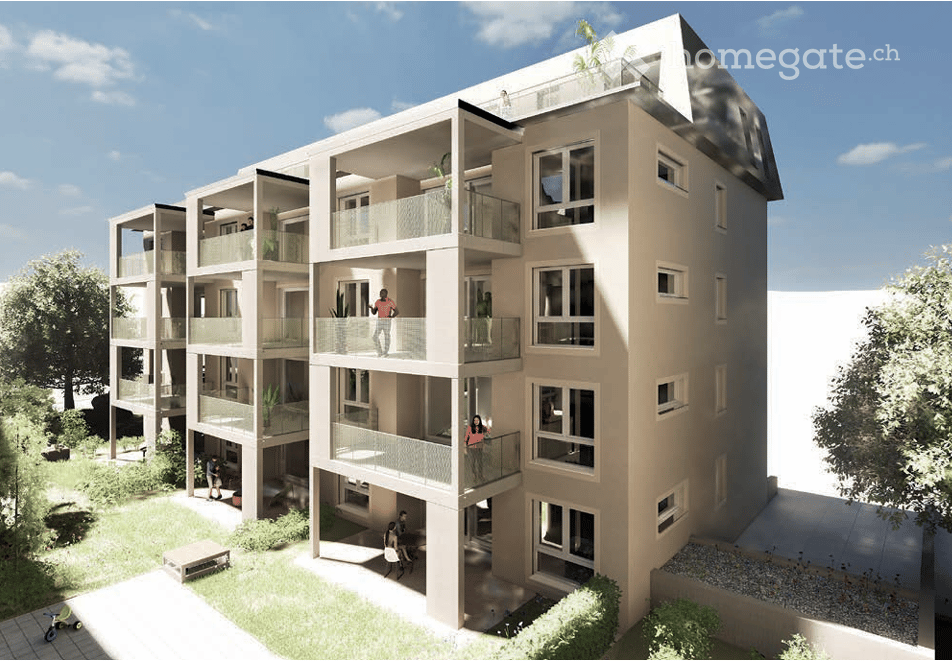 Modern multi-story residential building with balconies, surrounded by greenery and a small garden area.