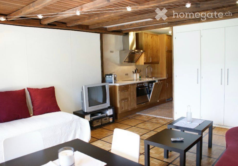A modern, open-plan living and dining area with a sofa, television, dining table, chairs, and a fully equipped kitchen featuring wooden cabinets, a sink, oven, and faucet.