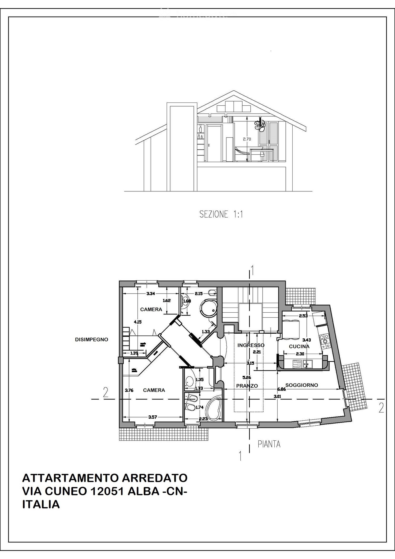 Floor plan of a furnished apartment with living room, dining room, kitchen, two bedrooms, and hallway.