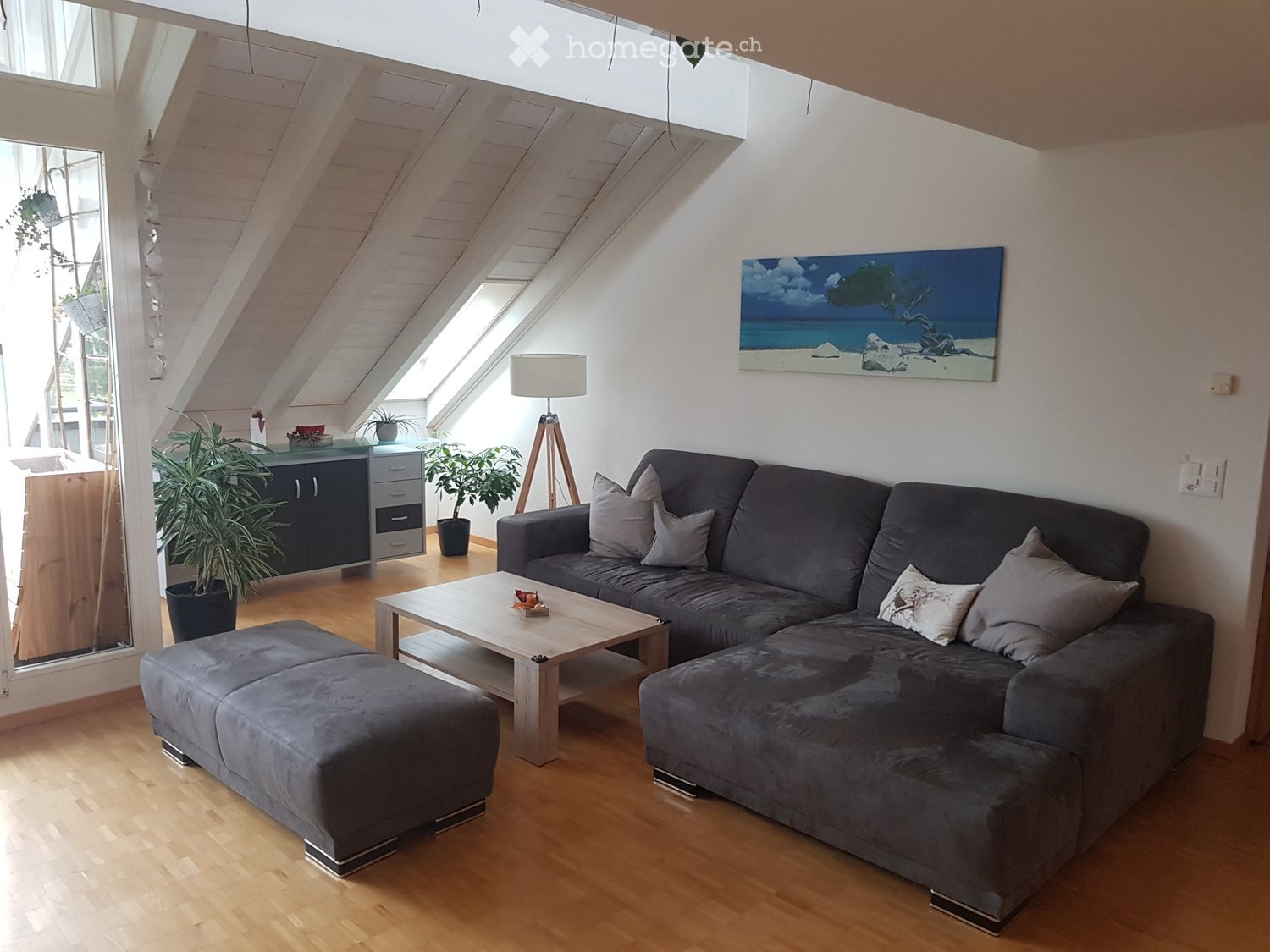Modern living room with wooden flooring, grey sectional sofa, coffee table, ottoman, floor lamp, and potted plants.