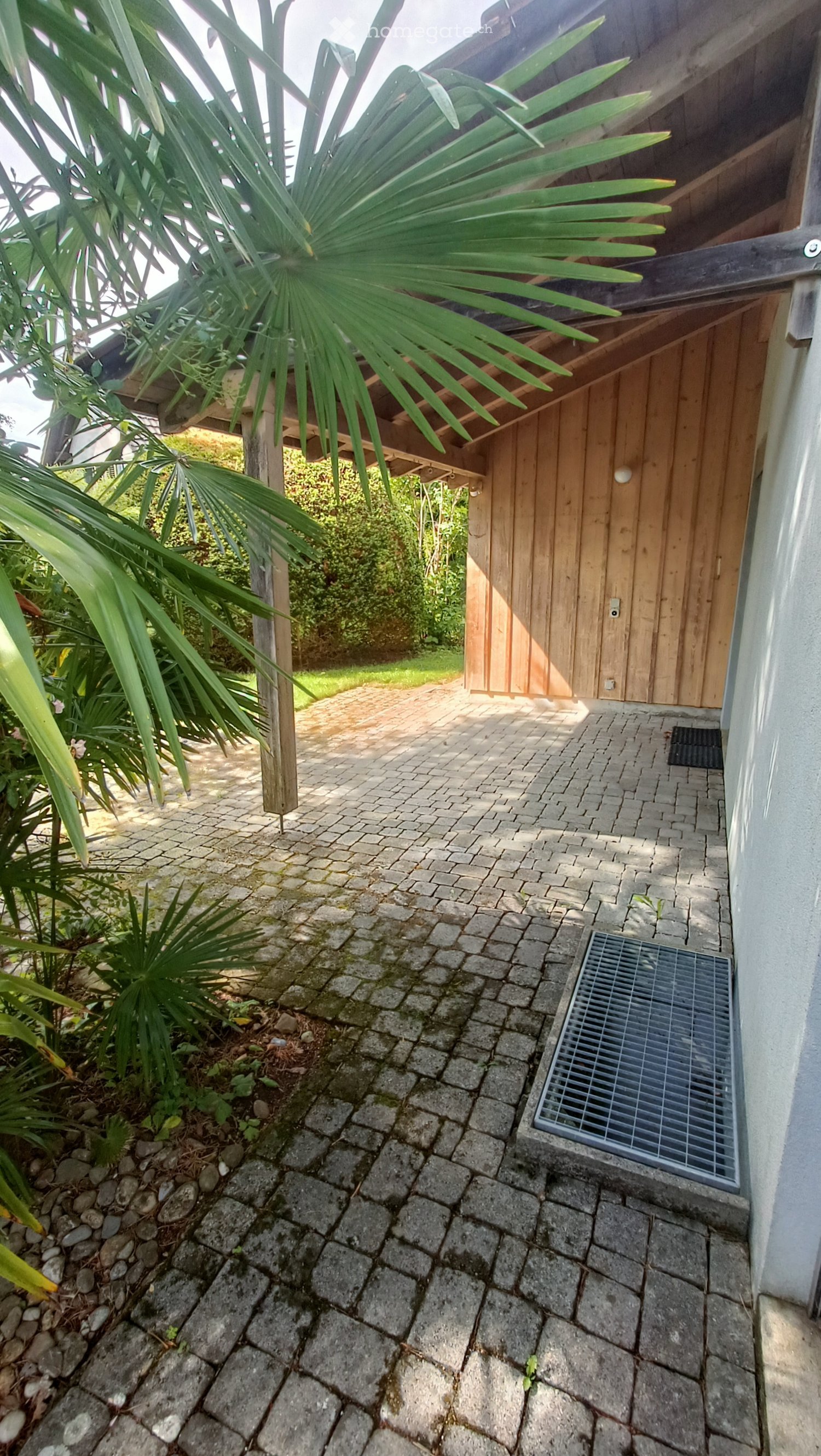 A paved outdoor area with a wooden shed, surrounded by lush greenery and palm leaves. The ground is covered with interlocking stone tiles, and there is a metal grate near the wall.