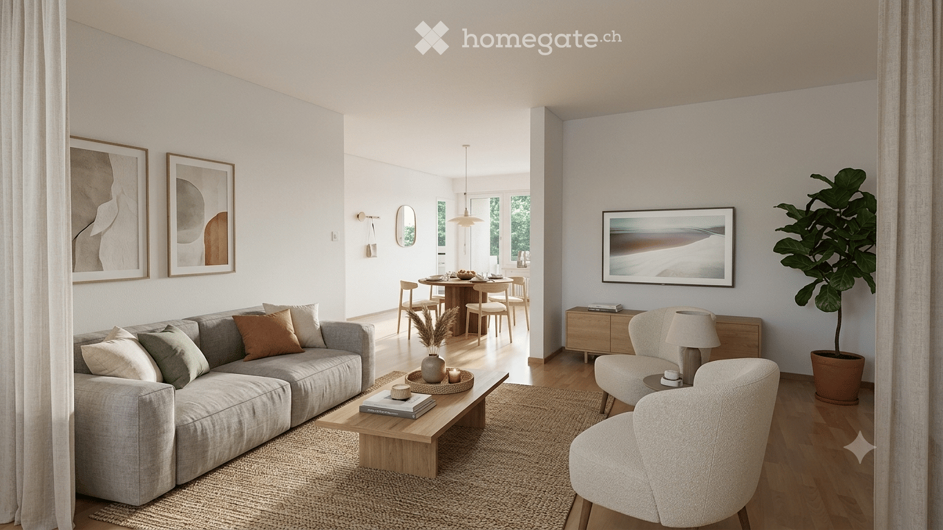 Modern living room with a grey sectional sofa, wooden coffee table, armchairs, dining area with a round table and chairs, large windows, and artwork on the walls.
