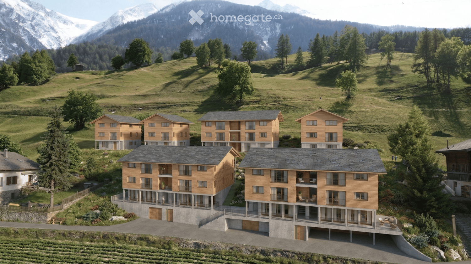 A cluster of modern wooden houses with balconies and large windows, set in a lush green valley with snow-capped mountains in the background.