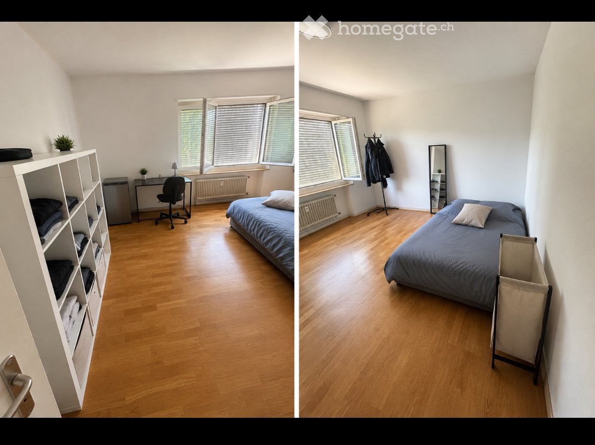 Two images of a furnished bedroom with a bed, desk, chair, wardrobe, mirror, and small plant. The room features wooden flooring and large windows with blinds.