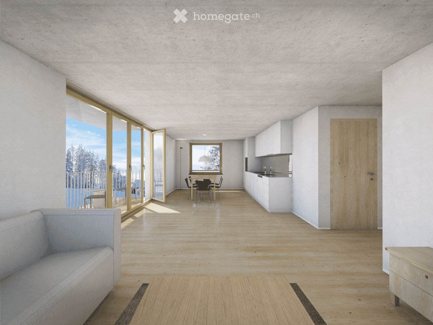 Open-plan living and dining area with a sofa, coffee table, dining table, chairs, and a modern kitchen with white cabinets.