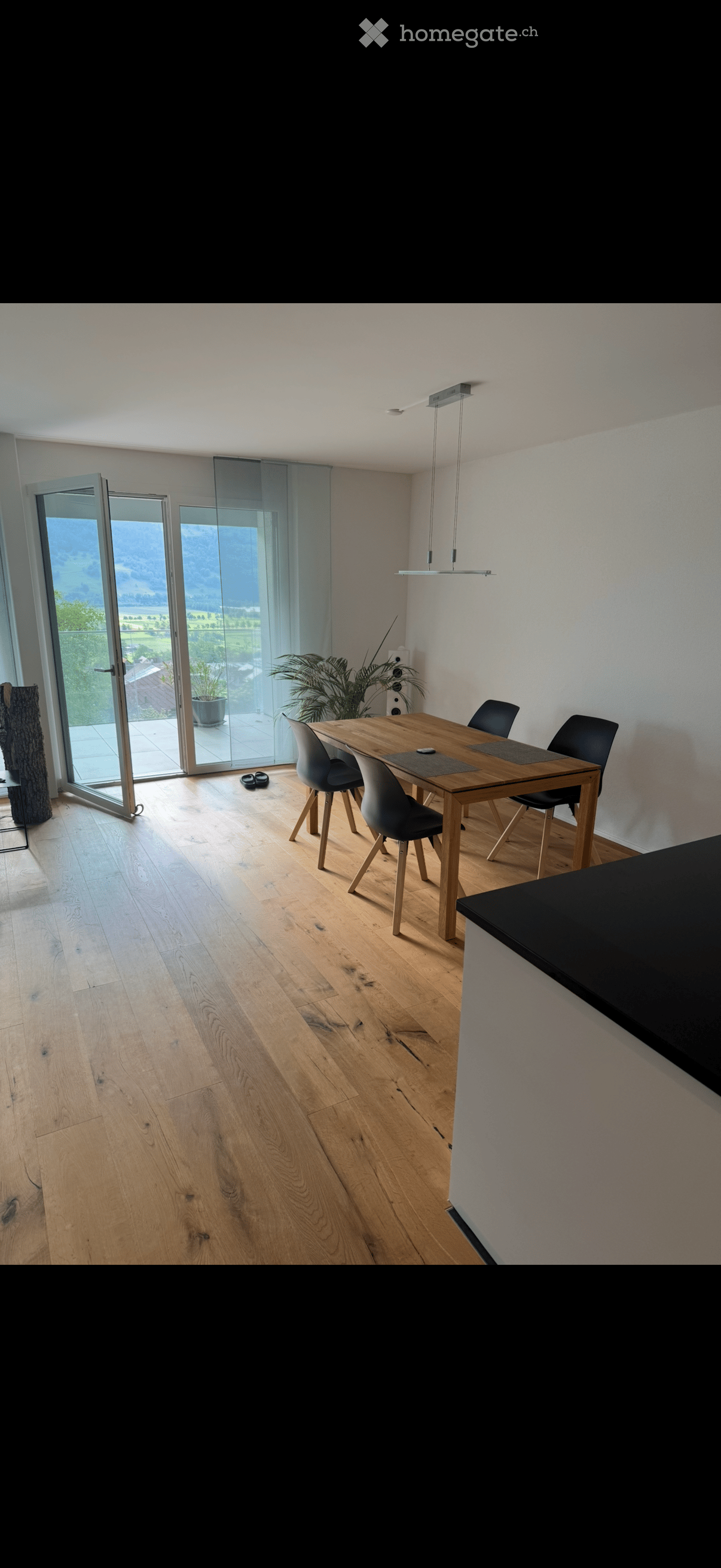 Modern dining area with wooden floor, large glass sliding doors leading to a patio, a wooden dining table with four chairs, a potted plant, and a speaker system.
