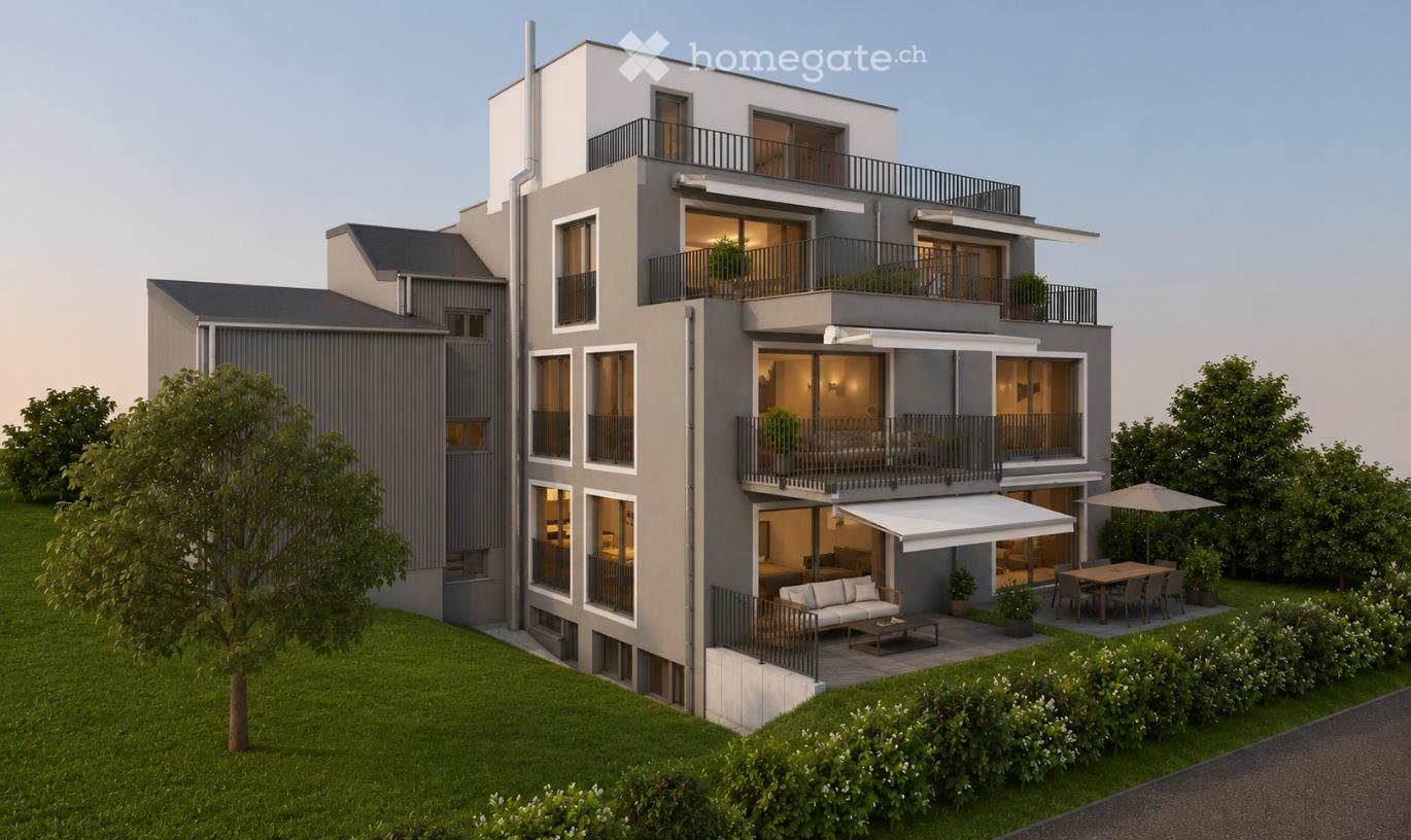 Modern3-story apartment building with balconies, large windows, and a covered outdoor seating area with a table and chairs.