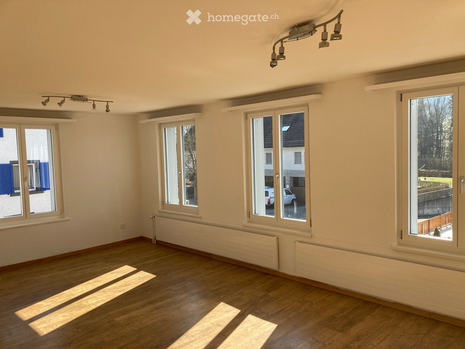 Empty room with wooden flooring, white walls, multiple windows, radiators, and track lighting.