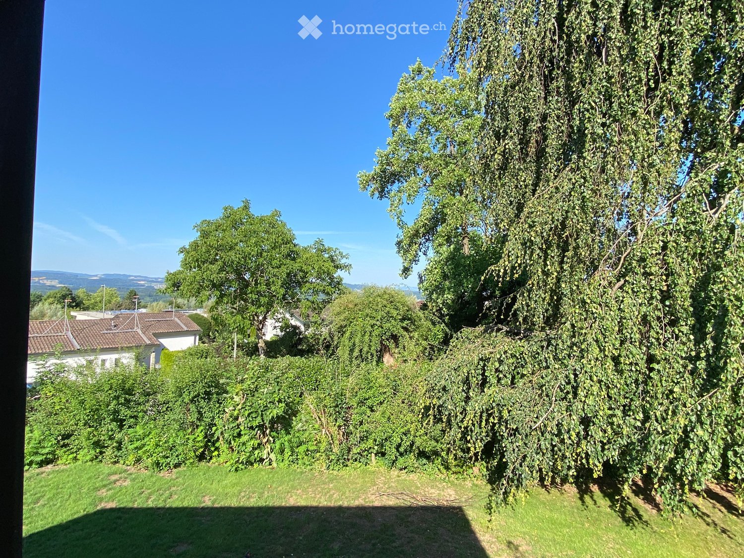 A lush garden with tall trees, green grass, and a view of neighboring houses and hills in the background.