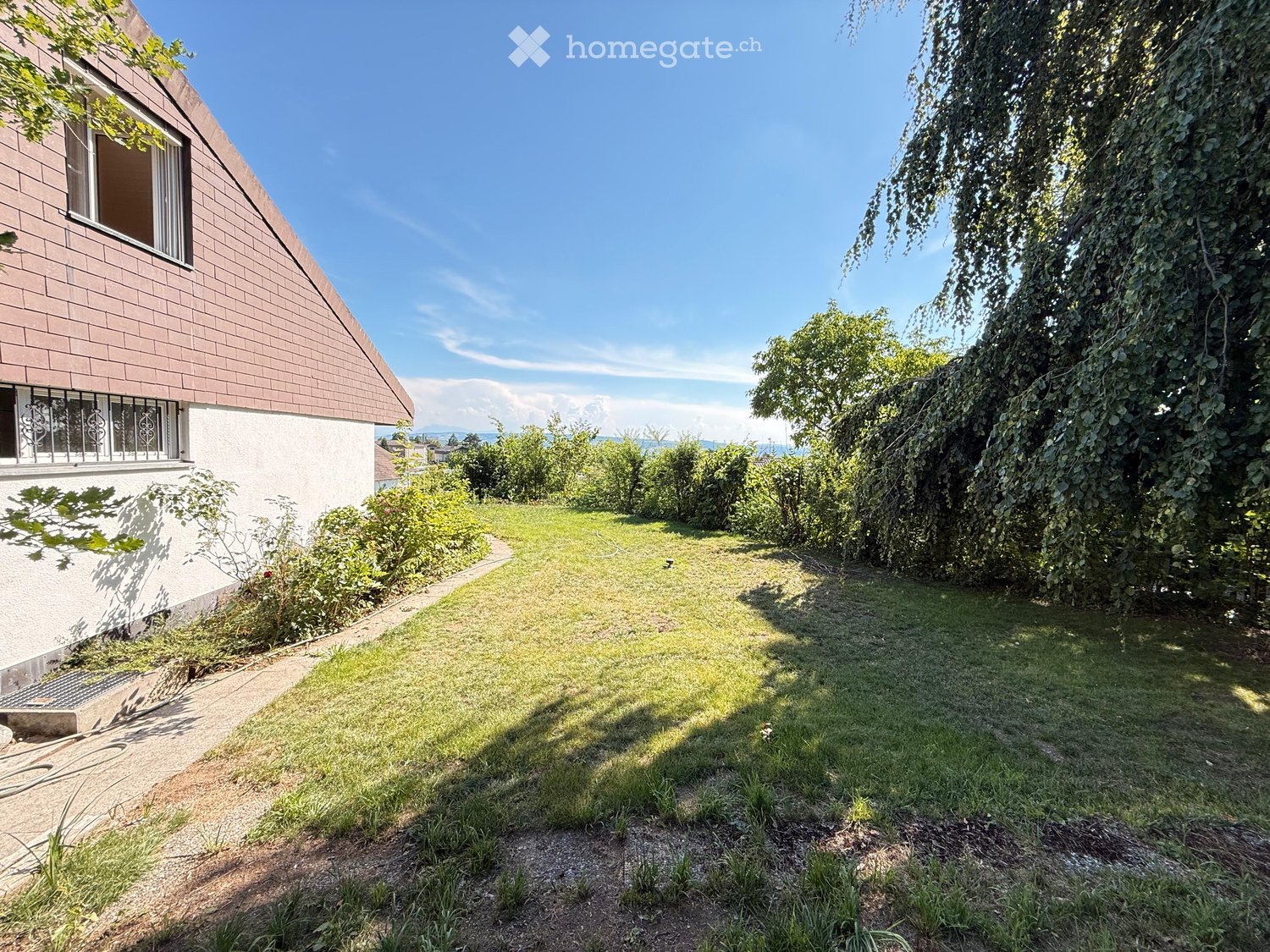 Well-maintained garden with a concrete pathway leading to a house, surrounded by trees and shrubs, with a clear blue sky in the background.
