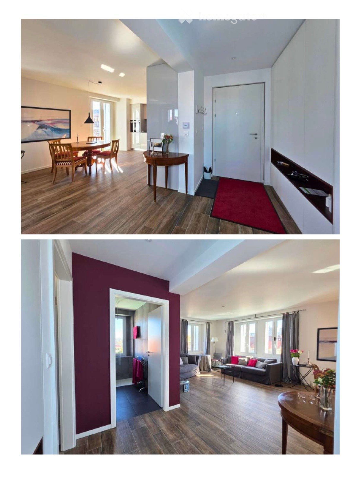 The image shows a modern, well-lit interior with a dining area and a living room. The dining area features a wooden dining table with chairs, a side table with a vase, and a picture frame on the wall. The living room includes a grey sofa, a coffee table,