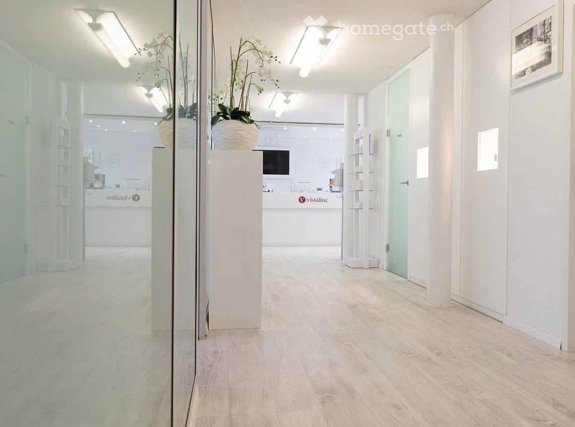 Modern, clean hallway with white walls, light wooden flooring, and recessed lighting. Features glass partitions, decorative plants, and a reception area visible in the background.