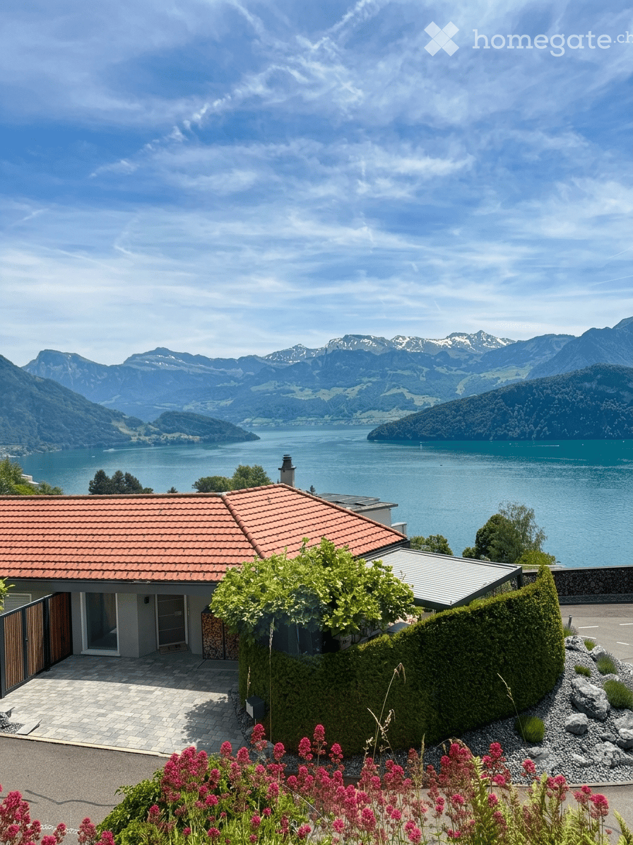 A modern house with a red-tiled roof, situated near a lake with mountain views in the background. The house features a well-maintained garden with flowering plants and a neatly trimmed hedge.
