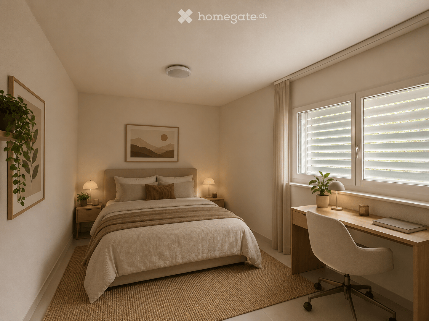 Modern bedroom with a large bed, nightstands, desk, and large windows with blinds. Features include a sleek design, neutral tones, and decorative plants.