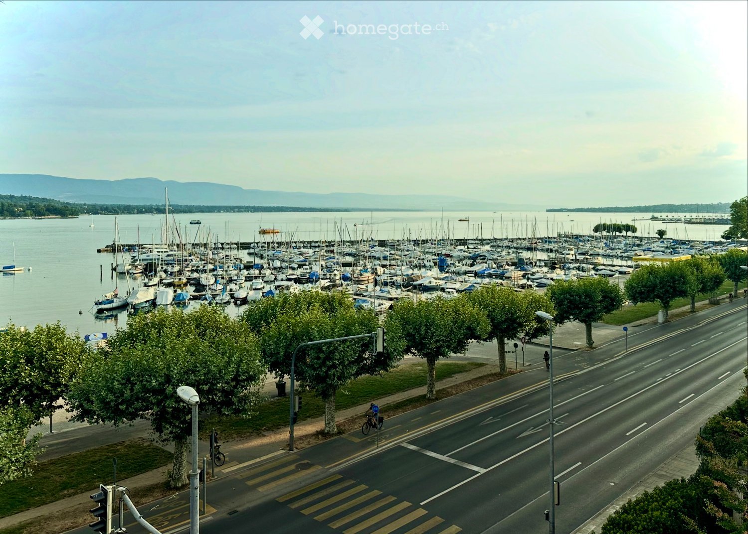 A waterfront view showing a marina filled with numerous boats and yachts, with a road running alongside, trees lining the sidewalk, and distant mountains visible across the water.