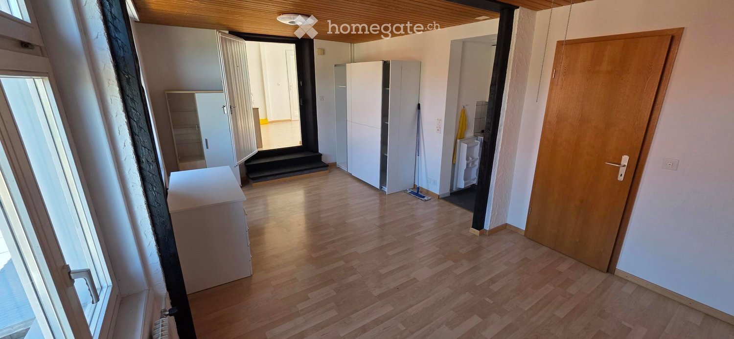 Empty hallway with wooden flooring, white walls, and several doors leading to other rooms. A small table and a broom are visible, but no furniture is present.