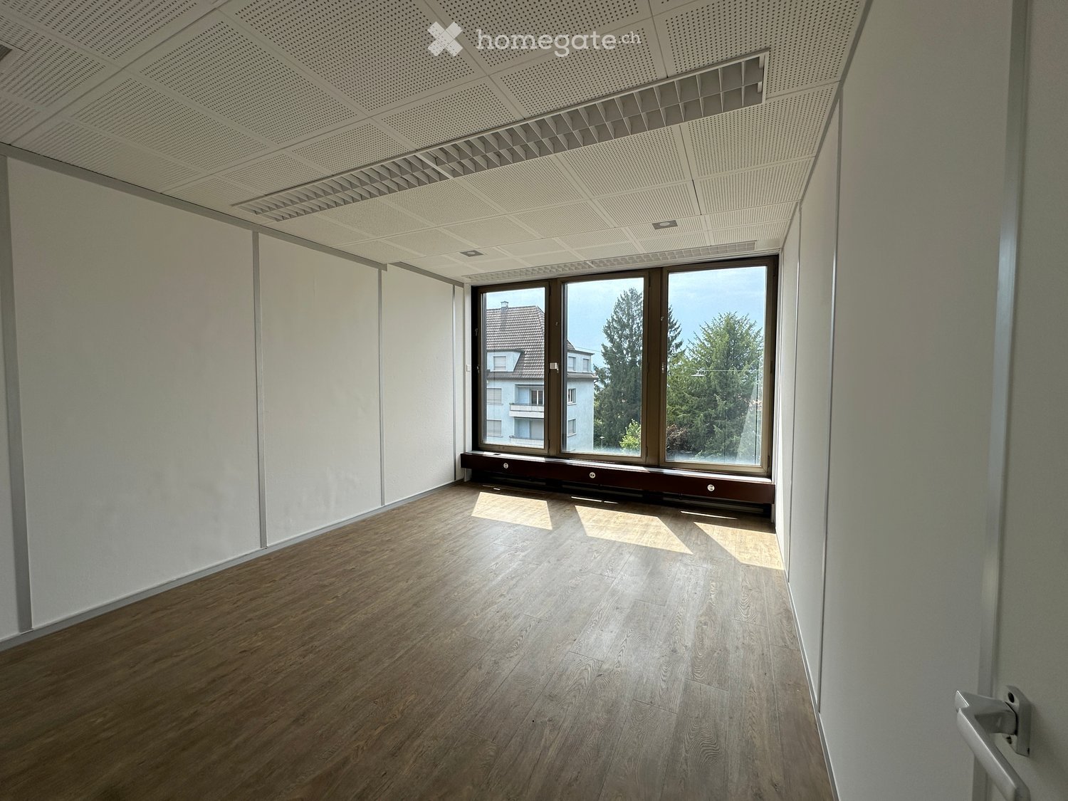 Empty room with wooden flooring, white walls, large windows, and a perforated white ceiling. No furniture or equipment present.