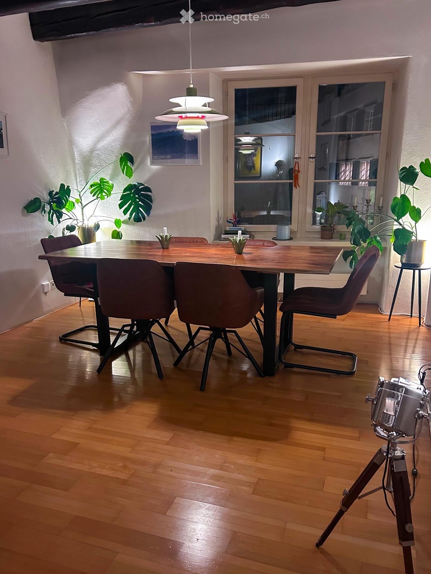 Dining area with a wooden table, four chairs, pendant light, and plants. A drum set and tripod are visible in the foreground.