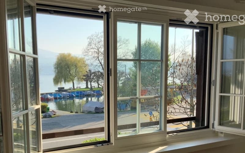 View from a large window overlooking a waterfront with boats, trees, and a calm lake.