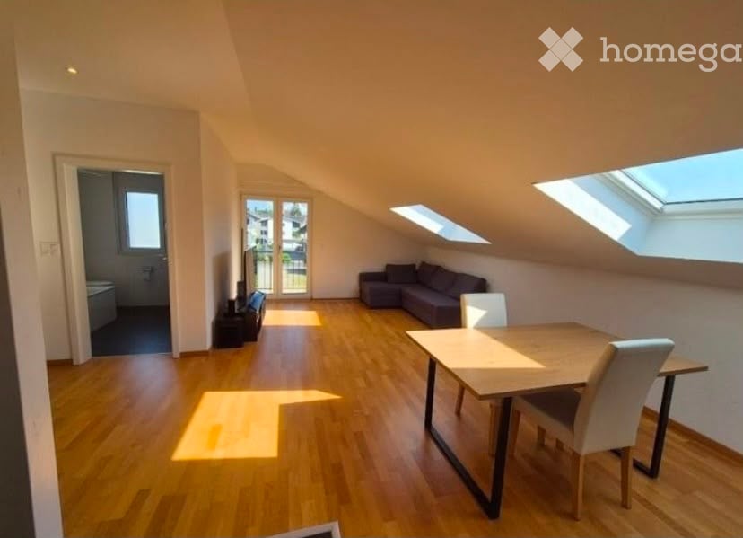 Bright, open loft-style room with wooden flooring, skylights, a sofa, a dining table with chairs, and a TV stand near the door.