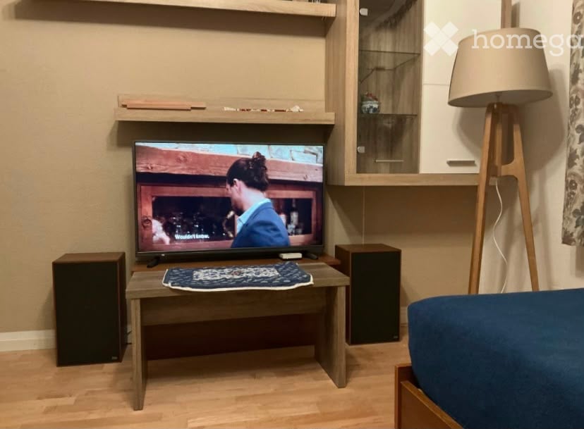 A modern living room with a flat-screen TV on a wooden stand, a small wooden coffee table with a decorative rug, a floor lamp, and two black speakers on either side of the TV.