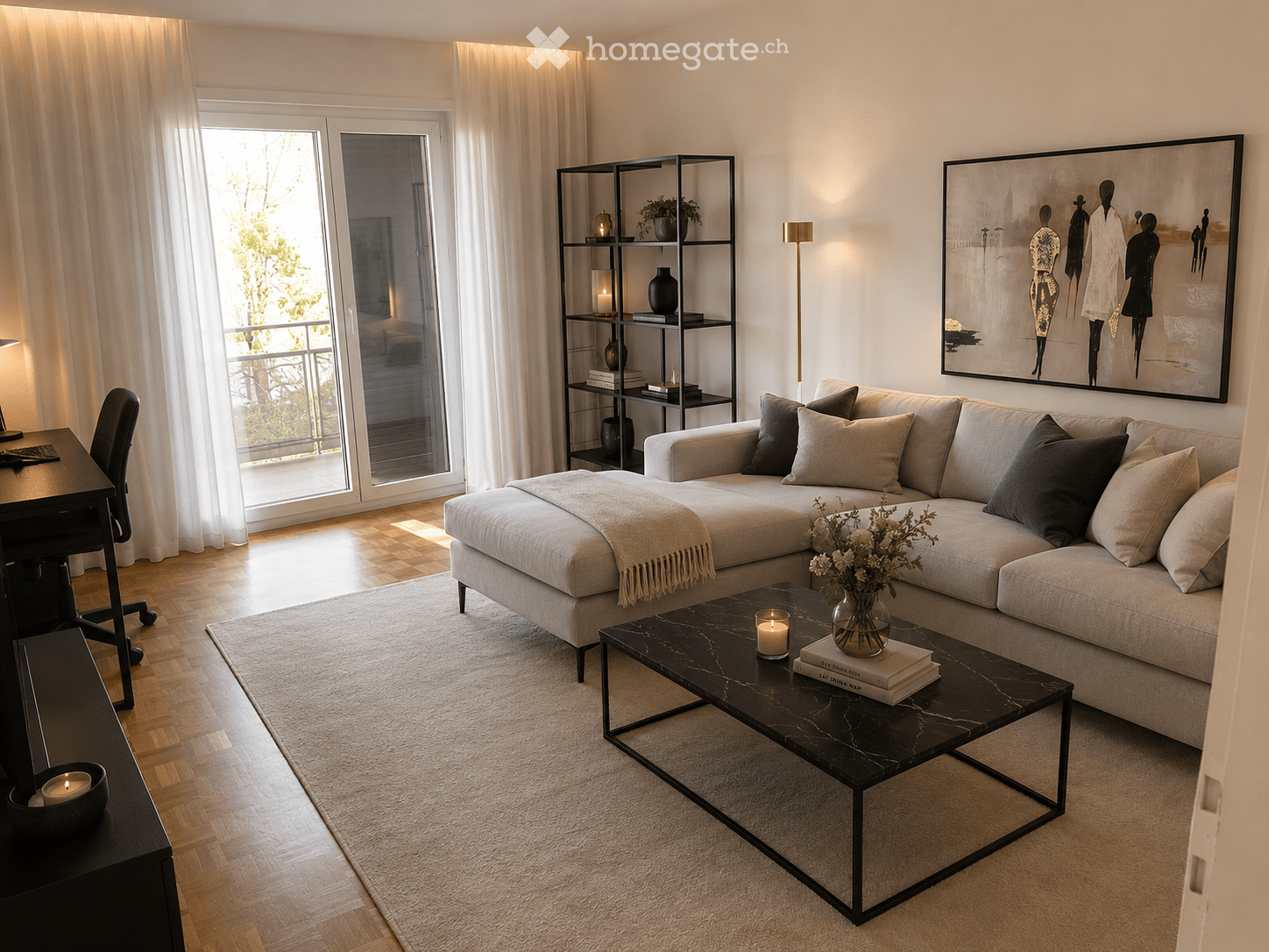 Modern living room with a grey sectional sofa, black coffee table, wooden floor, large windows, and a balcony view.