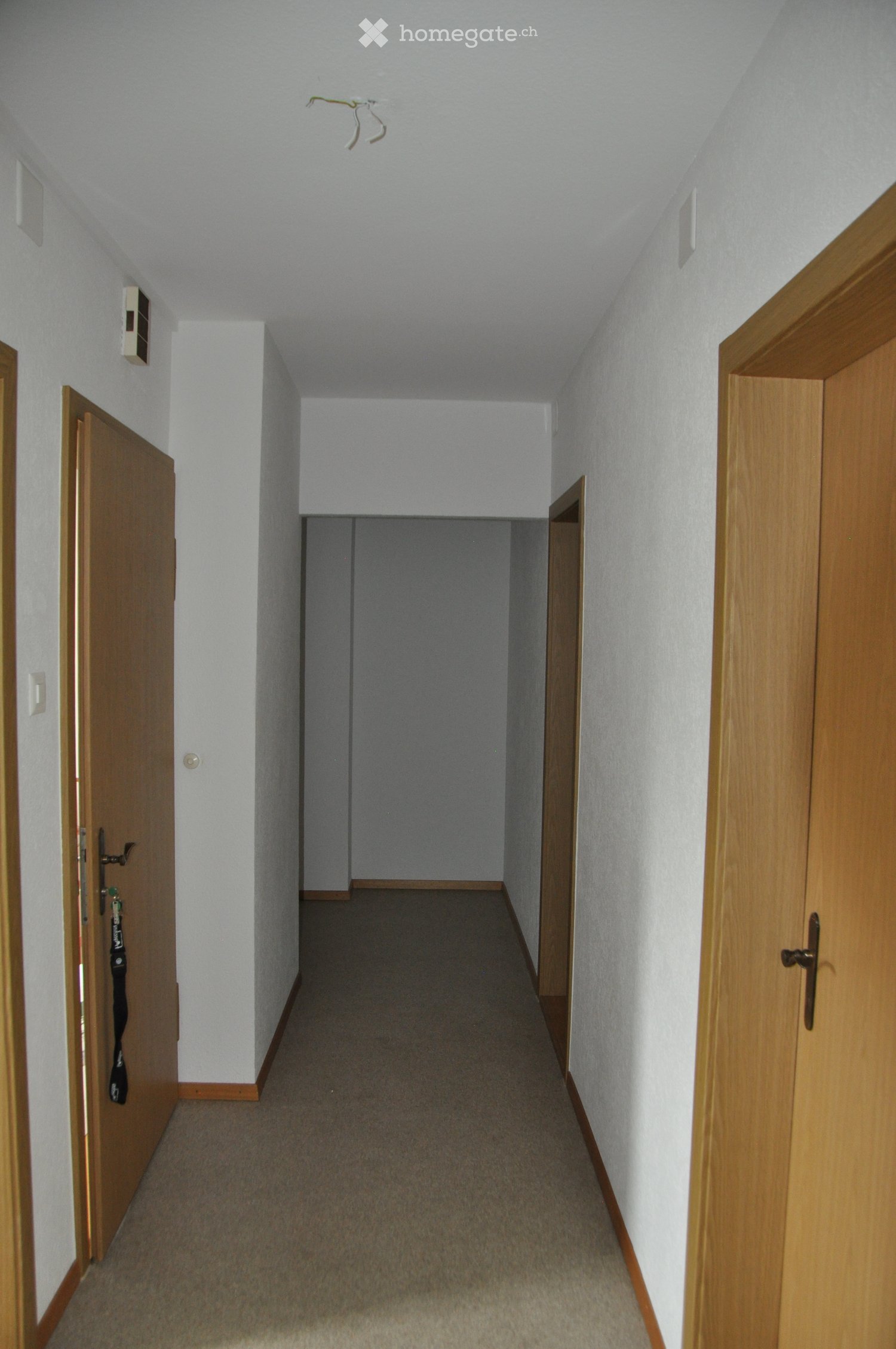 Empty hallway with light-colored walls, carpeted floor, and wooden doors on both sides.