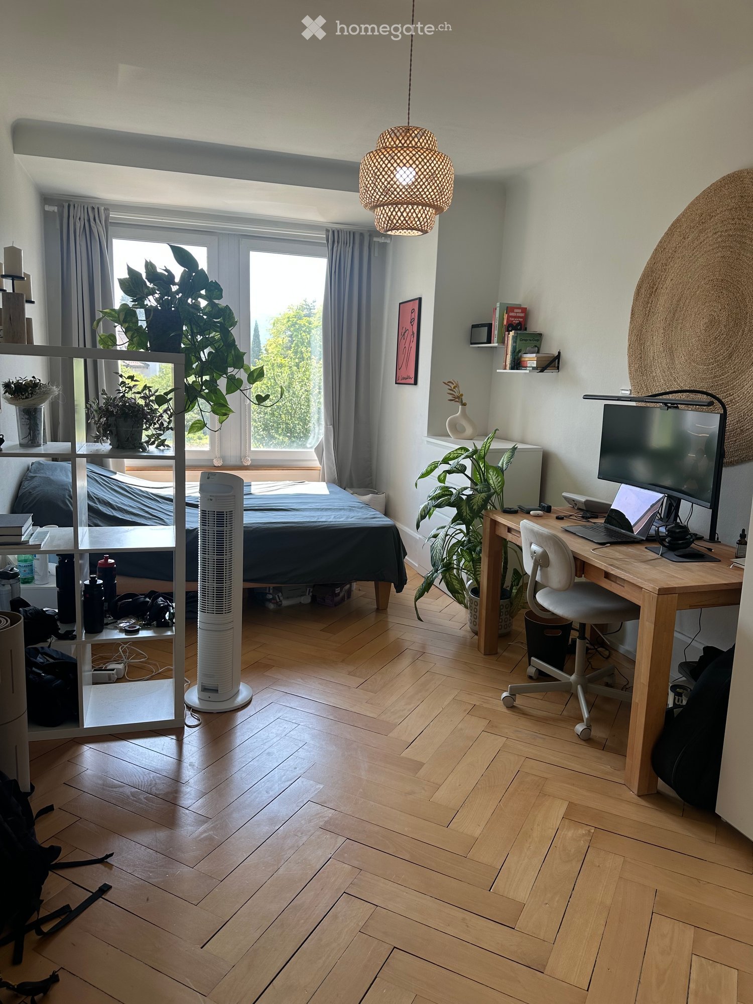 A well-lit bedroom with a bed, desk, and large windows. Features include a wooden floor, a hanging woven lamp, and several plants.
