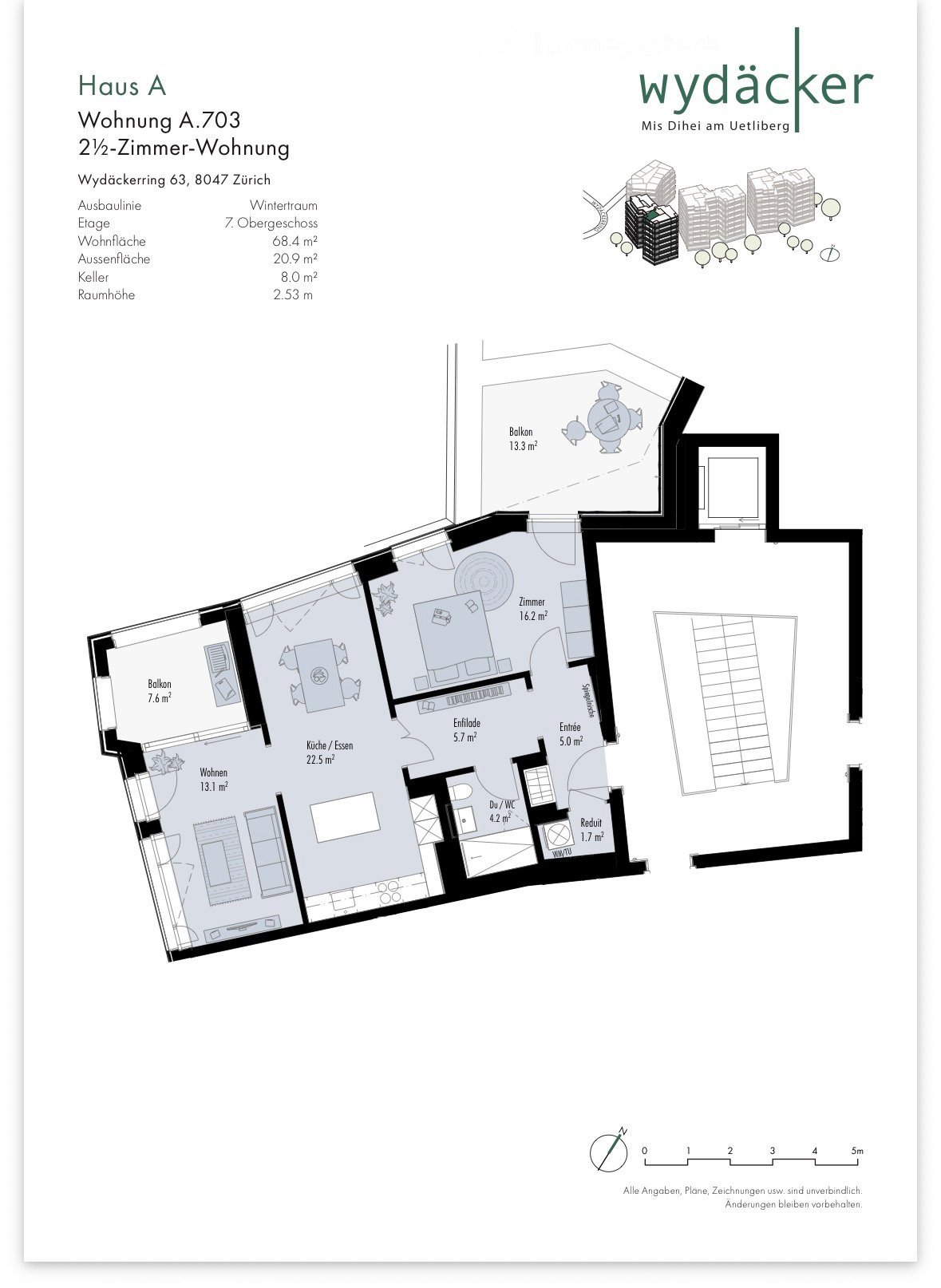 Floor plan of a 2.5-room apartment with living area, kitchen/dining, bedroom, bathroom, and two balconies.