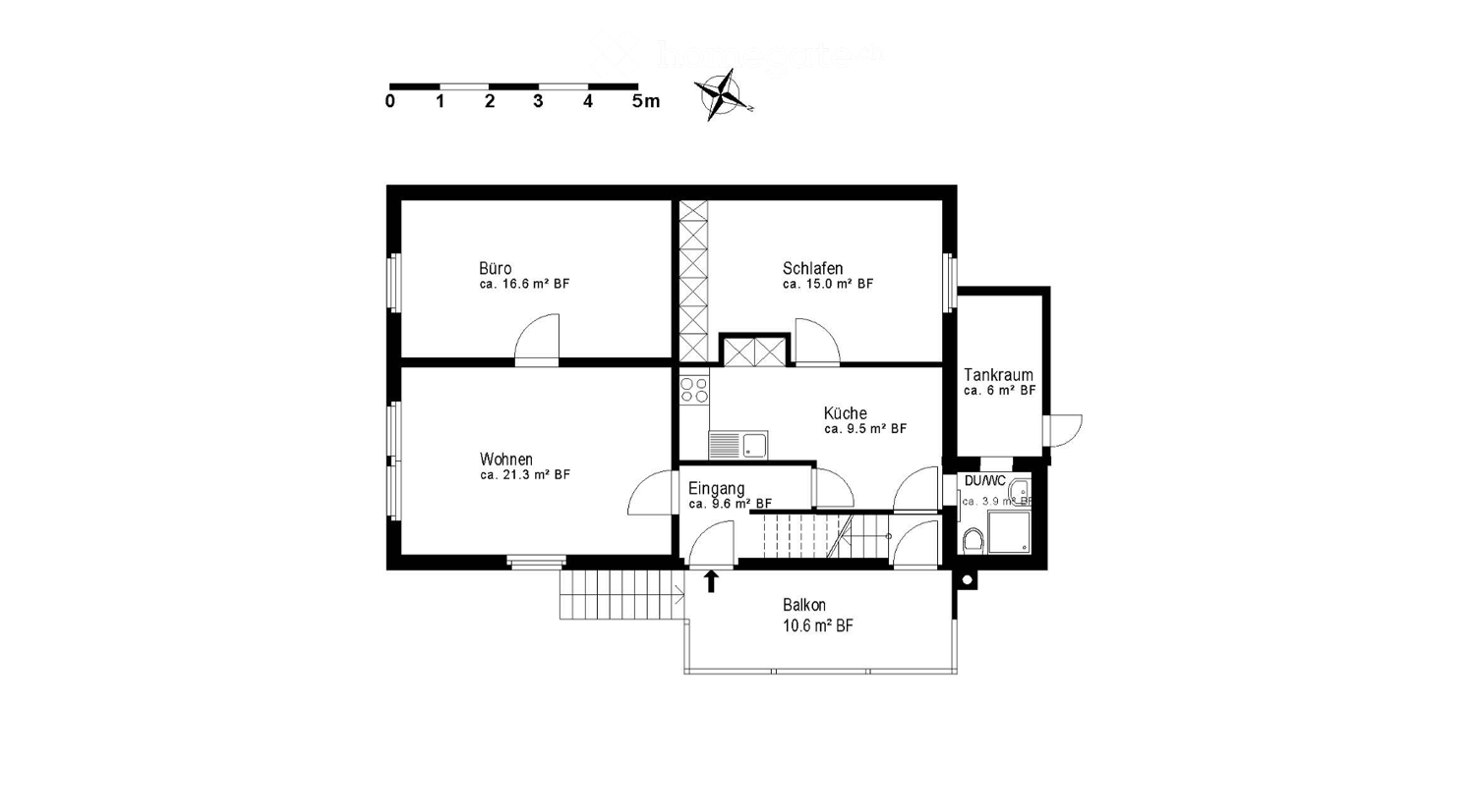Floor plan showing a 3-room apartment with a living area, bedroom, office, kitchen, bathroom, and balcony.