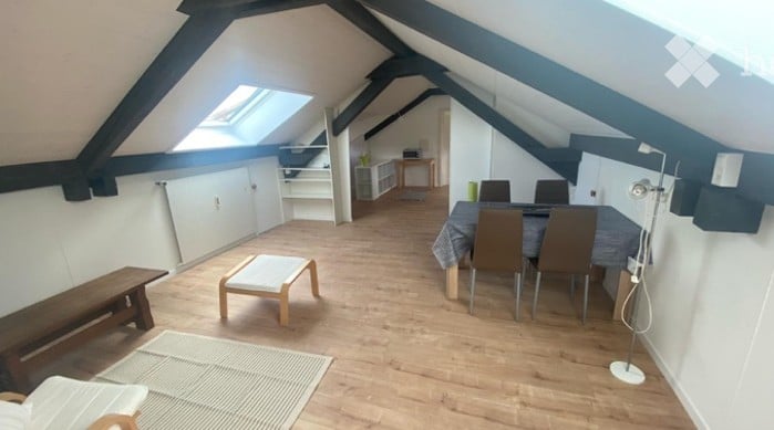 Bright attic space with wooden flooring, exposed beams, skylight, and modern furnishings including a sofa, dining area, and storage units.