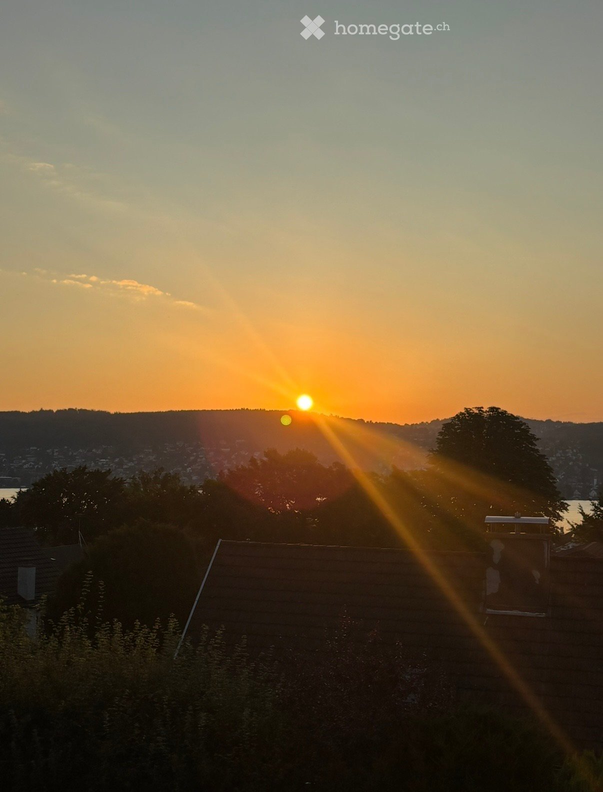 View of a cityscape at sunset from a rooftop, with the sun low on the horizon and light rays shining through the trees.