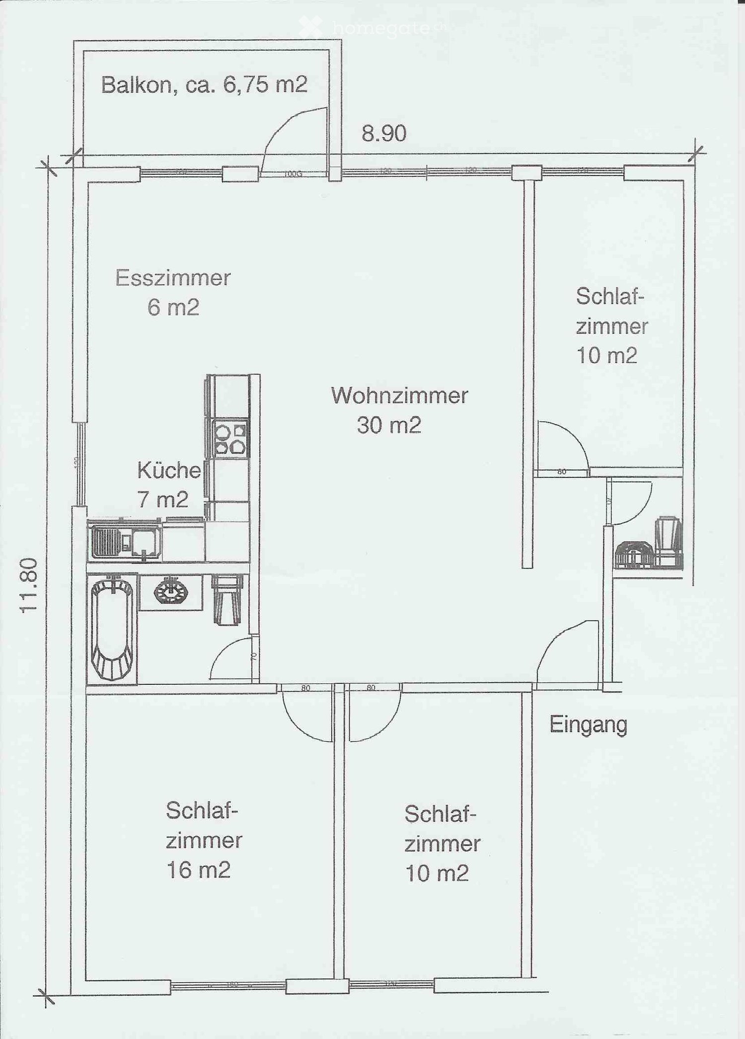 Floor plan showing a kitchen, living room, dining room, three bedrooms, entrance, and a balcony.
