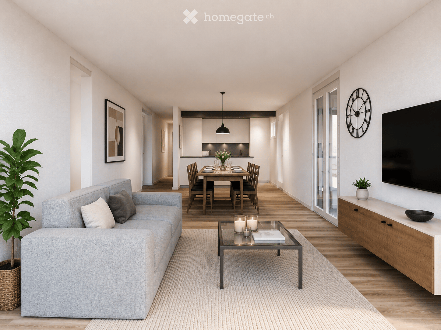 Modern living and dining area with a light blue sofa, coffee table, dining table with chairs, TV, and decorative items.