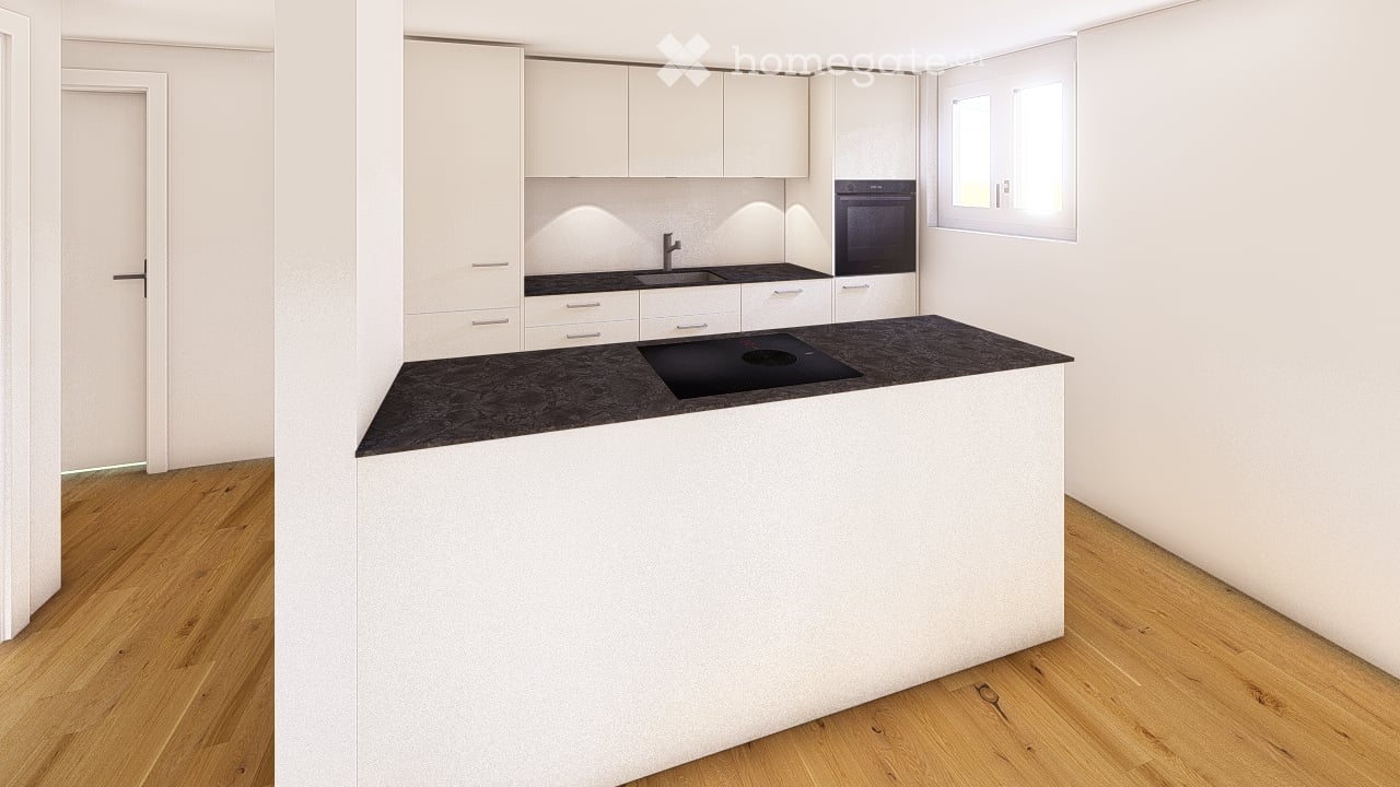 Modern kitchen with white cabinets, black countertop, built-in oven, and sink. Features a central island with a black countertop and integrated induction cooktop.