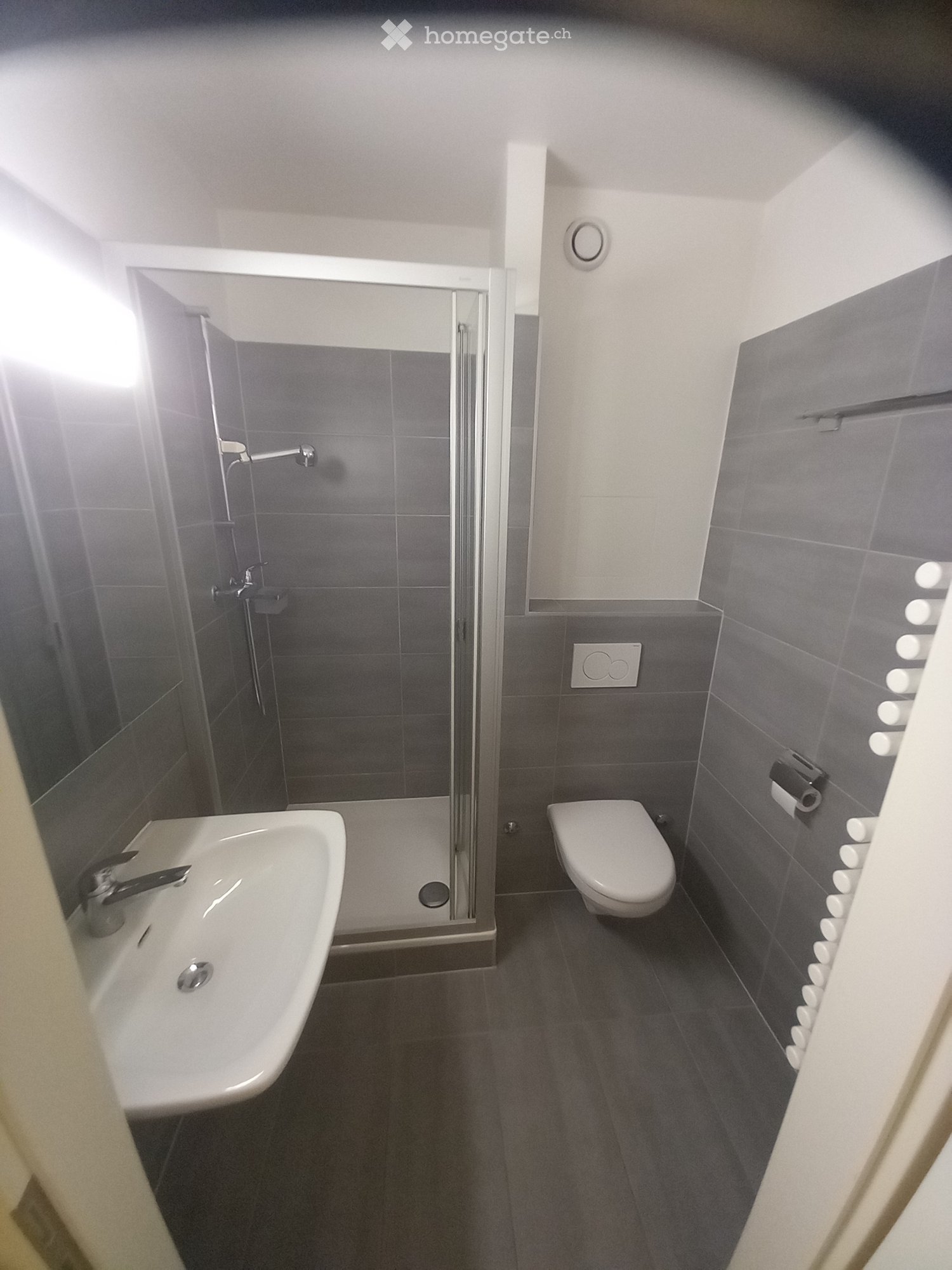 Modern bathroom with a white sink, toilet, and glass-enclosed shower. Dark grey tiles on walls and floor, with a chrome faucet on the sink and shower.