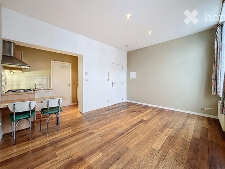 Open-plan living and dining area with wooden flooring, two chairs at a counter, a stove with a range hood, and a faucet in the kitchen area.