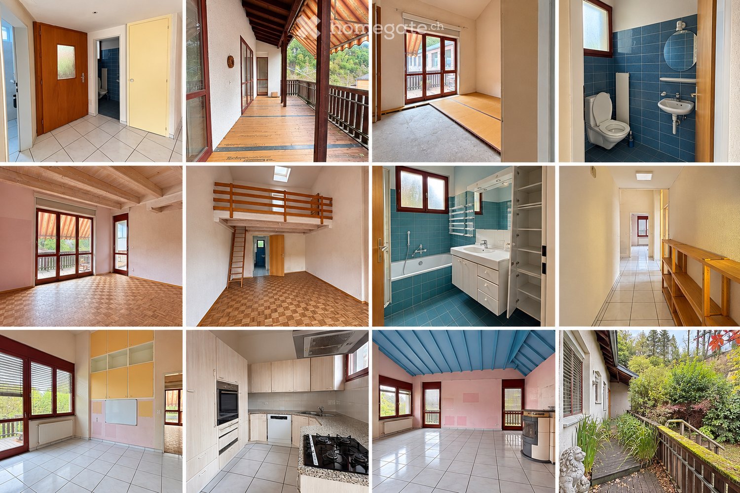 A collage of images showcasing various rooms and areas of a house, including a hallway, balcony, living room, bathroom, and kitchen, all with modern and classic finishes.