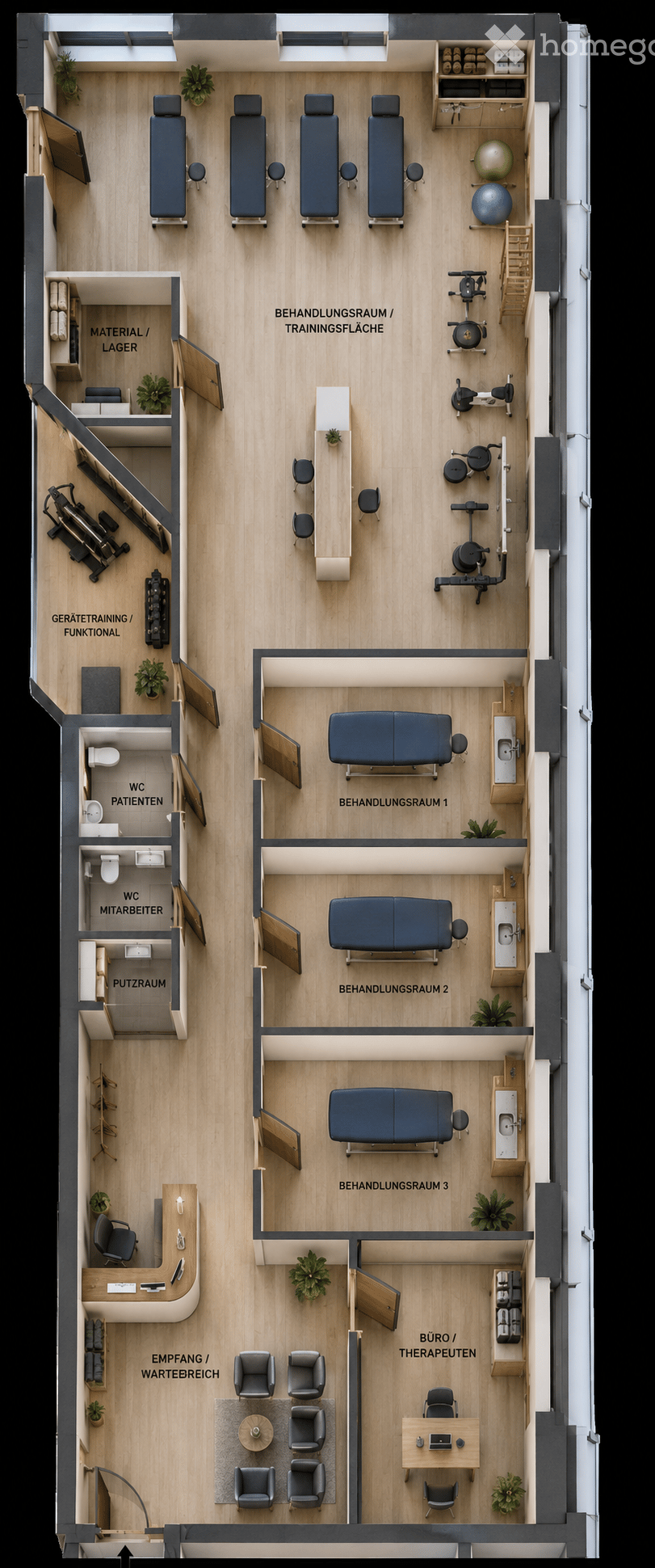 Layout of a therapy and training facility with multiple treatment rooms, a waiting area, a staff room, a material storage area, and a training area with exercise equipment.