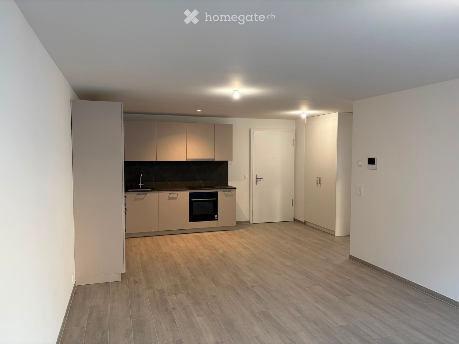 Modern kitchen with light wood cabinets, stainless steel sink, and built-in oven. The space features wooden flooring and recessed lighting.