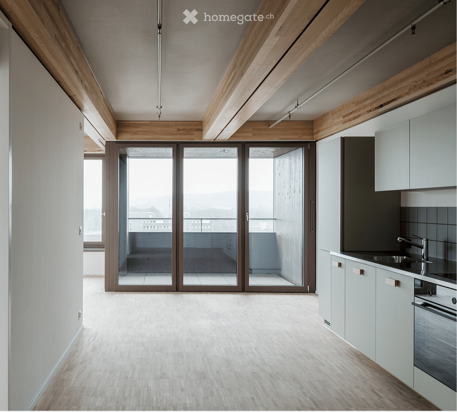 Modern kitchen with light grey cabinets, wooden flooring, and large sliding glass doors leading to a balcony.