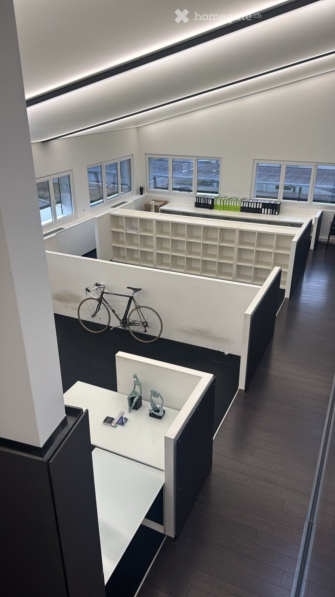 Modern office space with white partitions, dark wooden flooring, large windows, bicycle, shelves, and small decorative statues on a table.