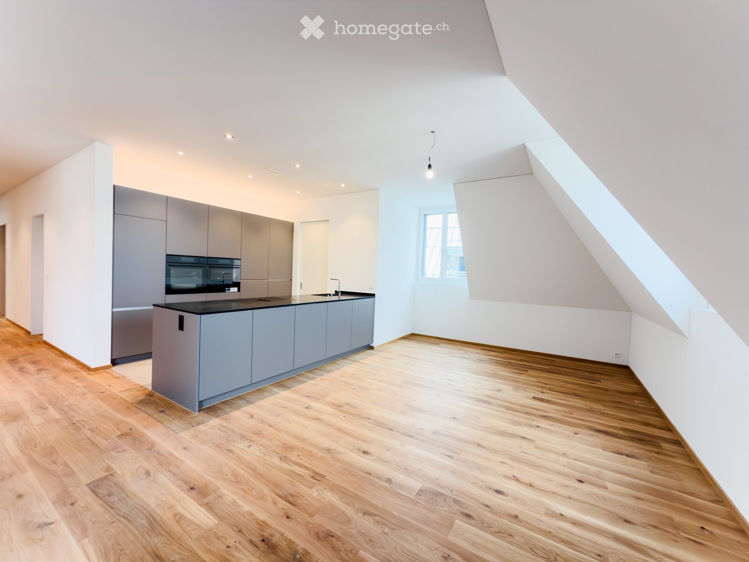 Modern kitchen with light grey cabinetry, black countertop, and wooden flooring. Features an oven and sink, with ample natural light from a window and skylight.