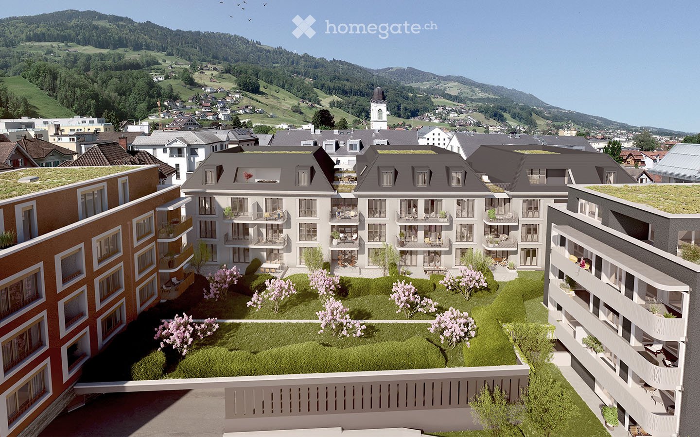 residential apartment building, rooftop garden, multiple balconies, green grass and flowers